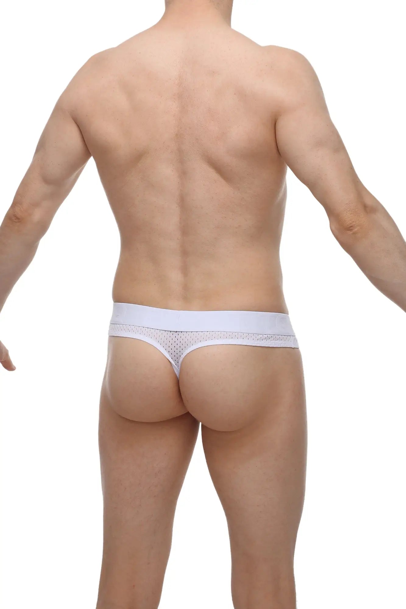 White mesh thong with solid waistband by PetitQ featuring a hole cockring in bee white color