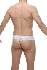 White mesh thong with solid waistband by PetitQ featuring a hole cockring in bee white color