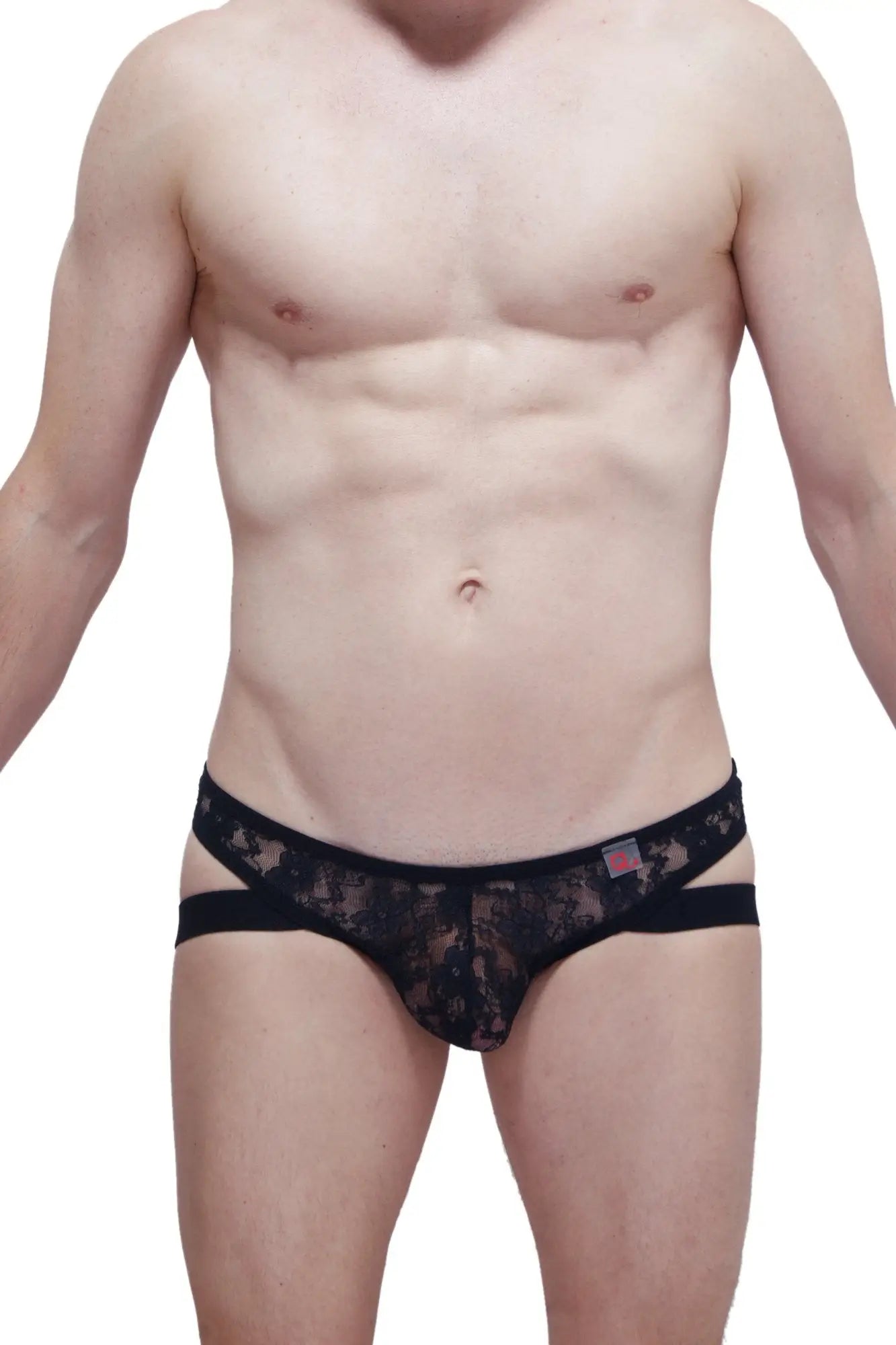 PetitQ thong jockstrap lace black featuring a sheer patterned black lace design with a solid black waistband