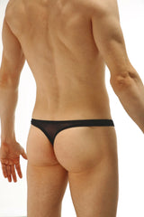 Black sheer mesh thong with solid black waistband shown from the back in petitq thong lasso cockring net style