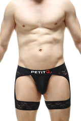 Black lace-trimmed men’s briefs with branded waistband from petitq shown from the front in petitq thong maiserey lace black