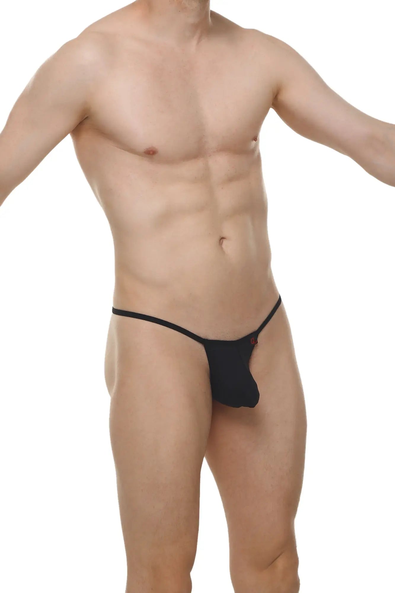 Black thong migny plum with thin smooth fabric waistband and snug fit shown from the back side