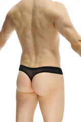 Black sheer mesh thong with solid black waistband from petitq thong osseau black shown from the back side