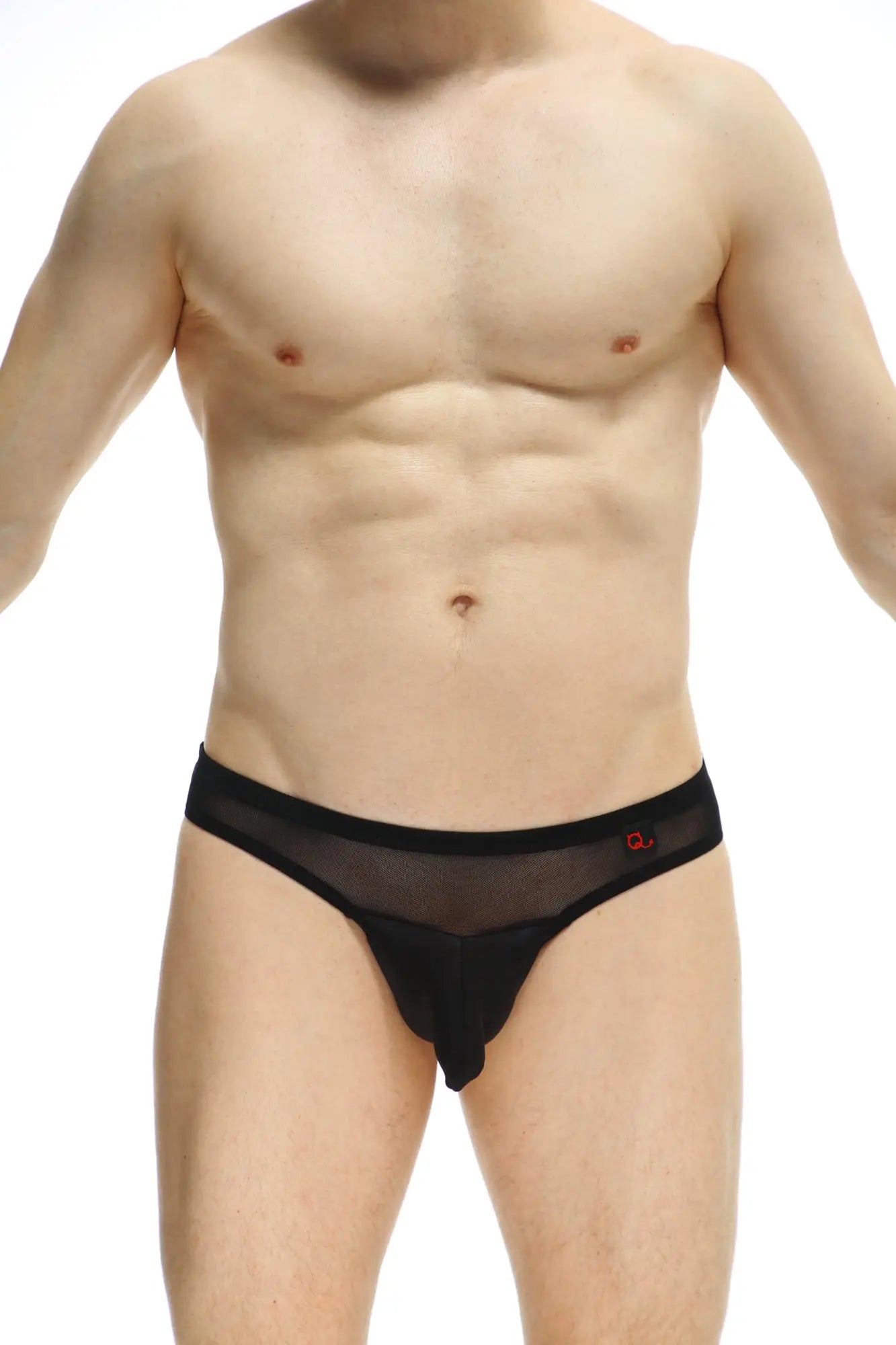 PetitQ thong Osseau black sheer mesh thong with solid waistband and small red logo on the side visible from back