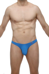 PetitQ thong pazin blue bright blue form-fitting men’s briefs with sleek smooth fabric and small logo on waistband