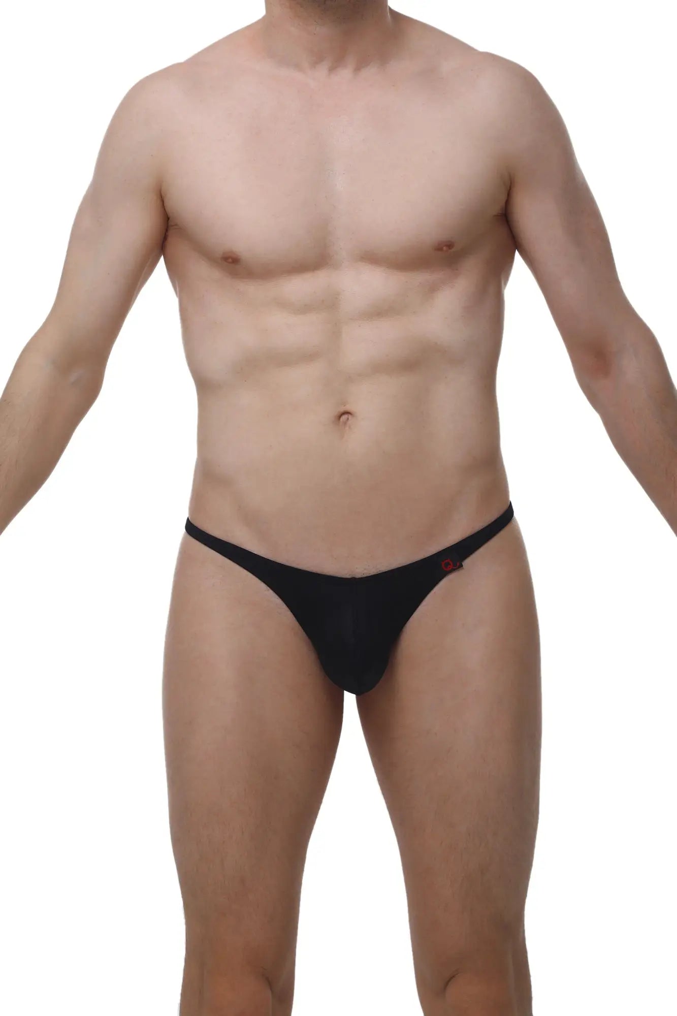 Black men’s thong underwear by arthus and nico with a small red logo on the side for a sexy look