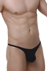 Black thong underwear by arthus and nico with a subtle red logo on the side for men by petitq