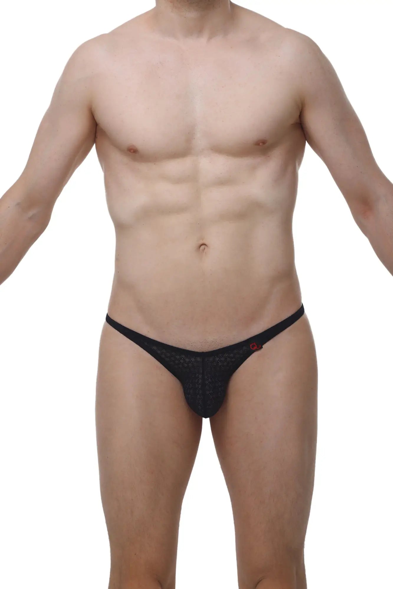 Black lace thong with subtle textured pattern and small red logo by arthus and nico for men by petitq underwear