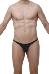 Black lace thong with subtle textured pattern and small red logo by arthus and nico for men by petitq underwear