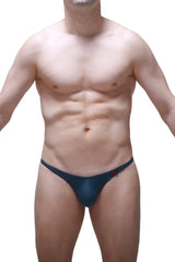 Dark blue form-fitting thong with subtle red logo on the side from petitq thong plellis prussian blue collection