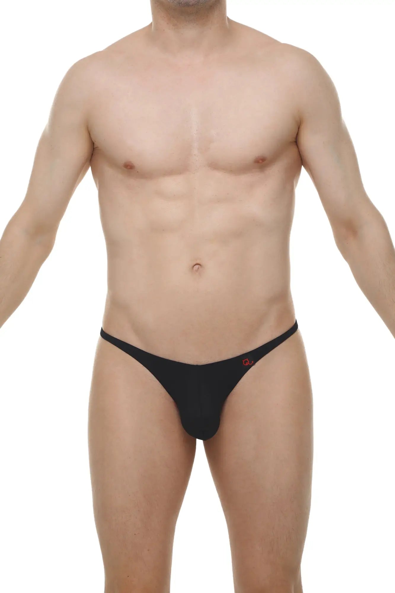 Black thong plellis skine with a small red logo on the waistband showing the back side of the product