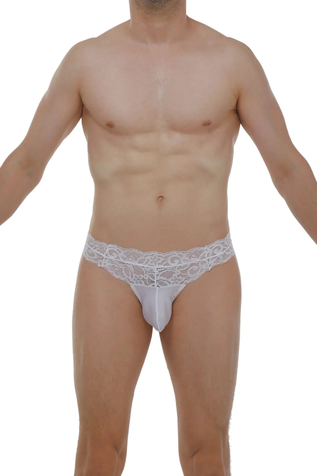 White lace-trimmed men’s thong plessis lace white with sheer, form-fitting design shown from the back side