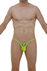 Bright neon green PetitQ thong Puget net with crisscross design and small red logo on the side front view