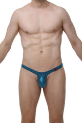 Petitq thong tower satin teal blue shiny latex thong with small red logo on the waistband front side