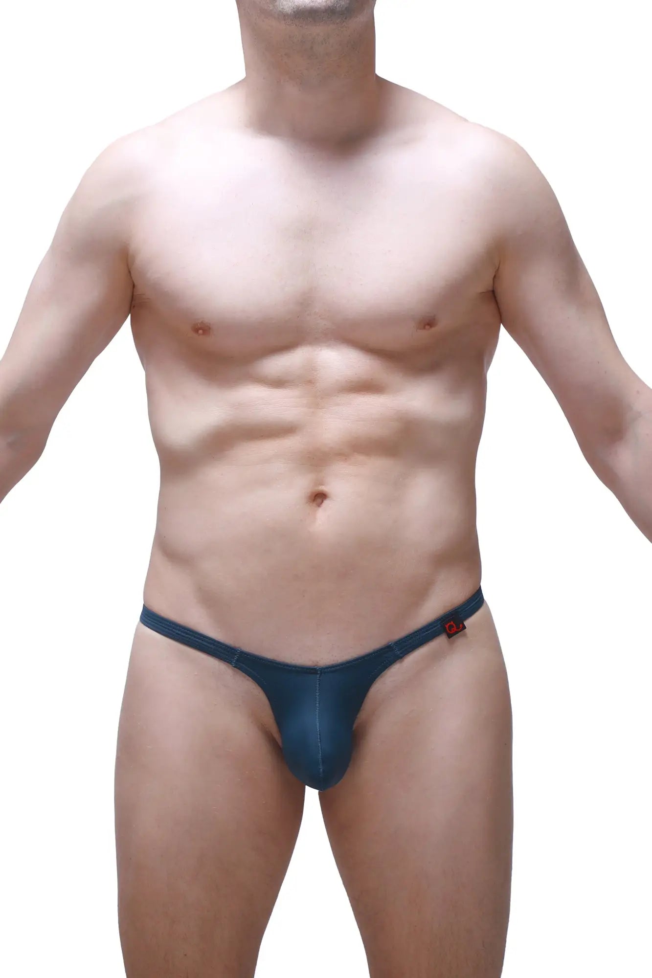 Navy blue denim PetitQ thong with a small red logo on the sideband called Yutz Prussian