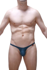 Navy blue denim PetitQ thong with a small red logo on the sideband called Yutz Prussian