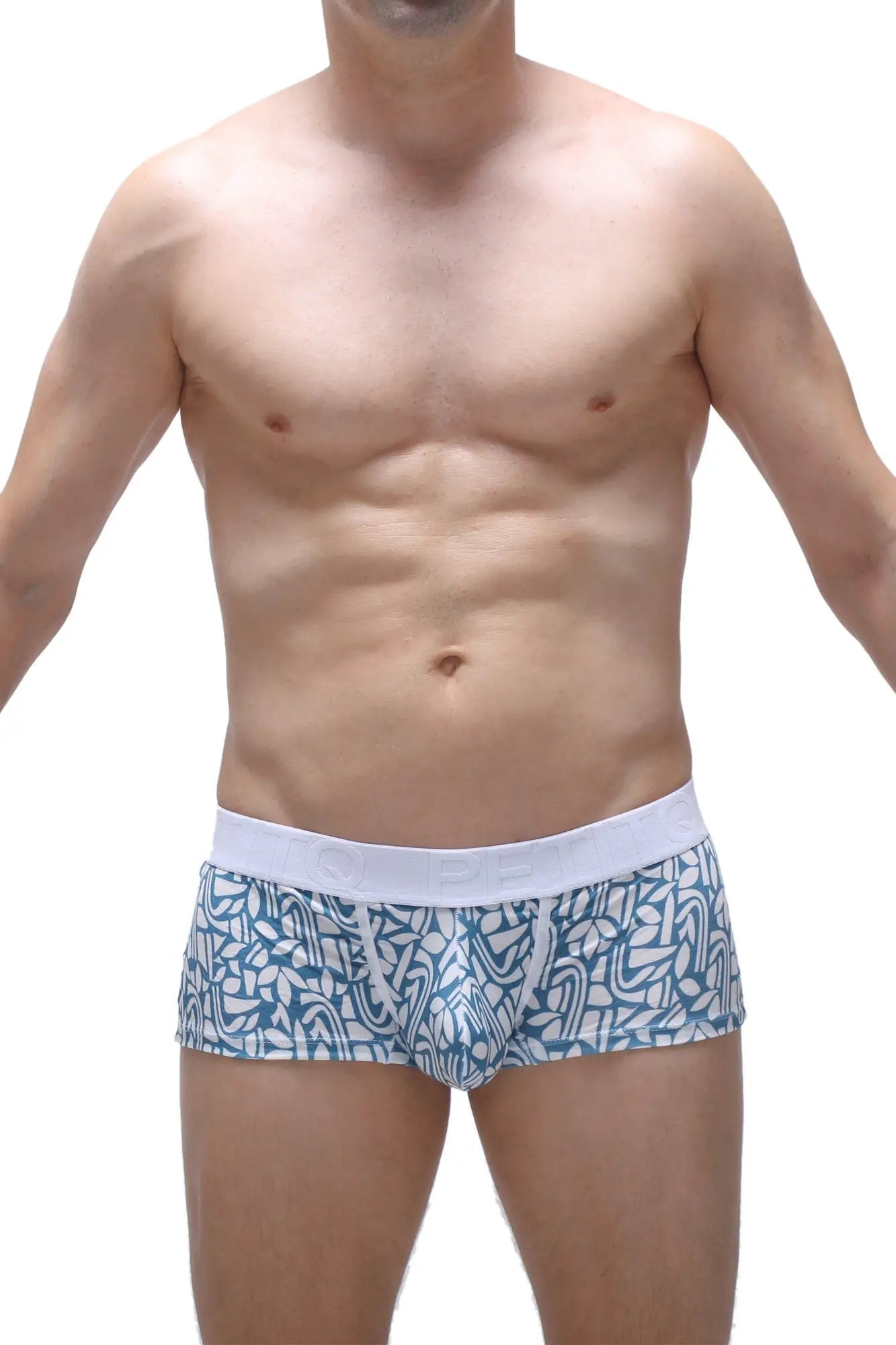 Petitq trunk carlot blue men’s briefs feature a blue and white pattern with a solid white waistband for comfort