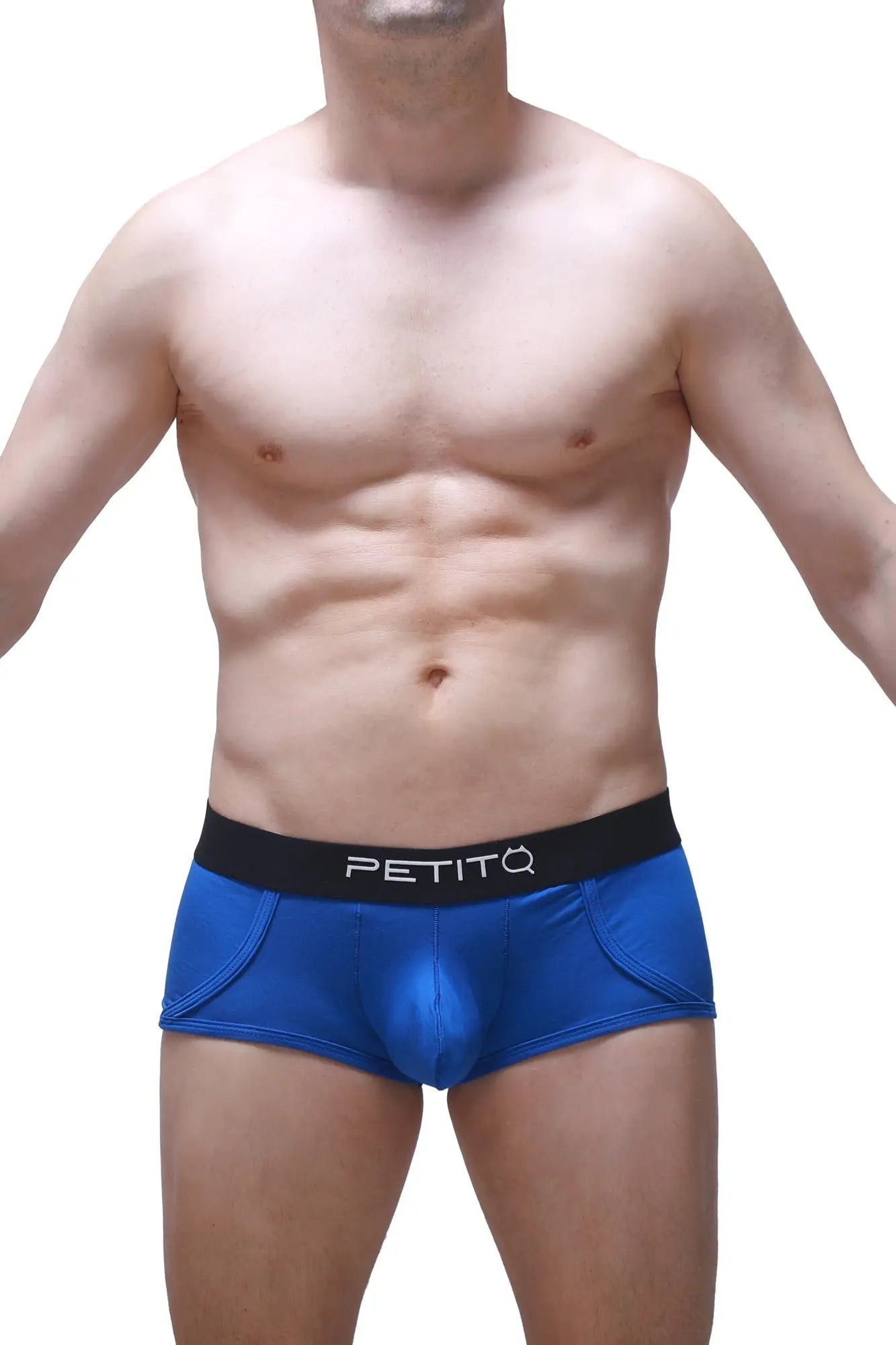 Blue petitq trunk morrier men’s briefs with black waistband featuring white brand name lettering for everyday comfort