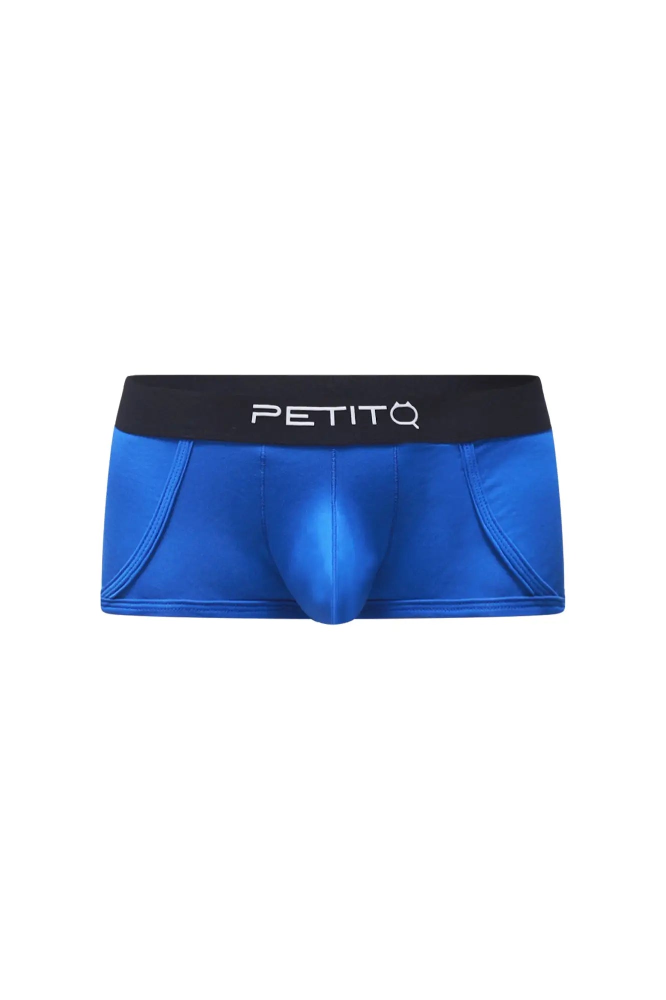 PetitQ trunk Morrier blue men’s briefs in blue with a black waistband featuring the PetitQ logo