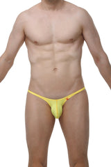 Bright yellow form-fitting thong with small red logo by Arthus and Nico for men’s sexy underwear PetitQ collection