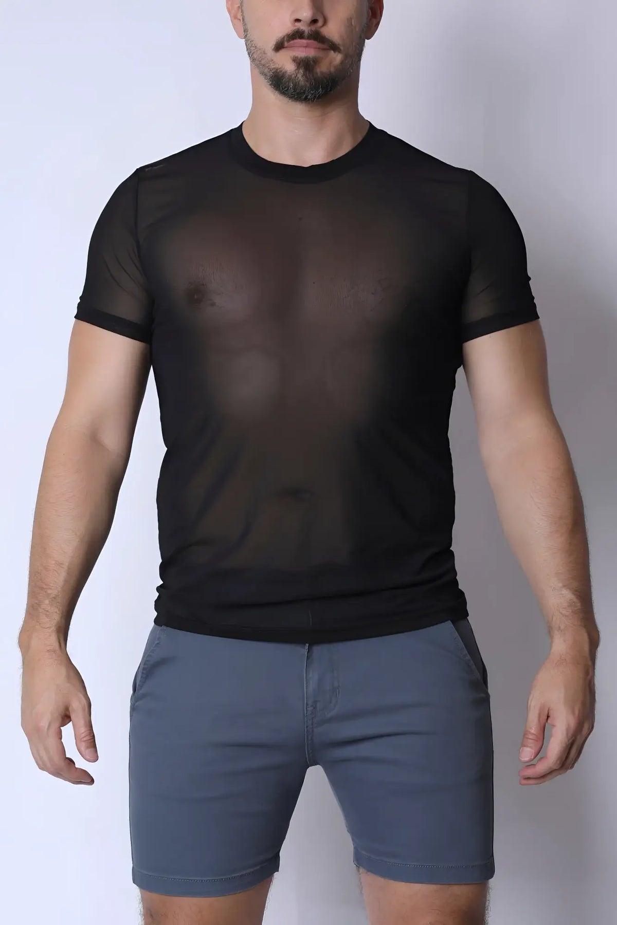 Black sheer mesh short-sleeved phantom mesh t-shirt made of lightweight breathable fabric for stylish layering