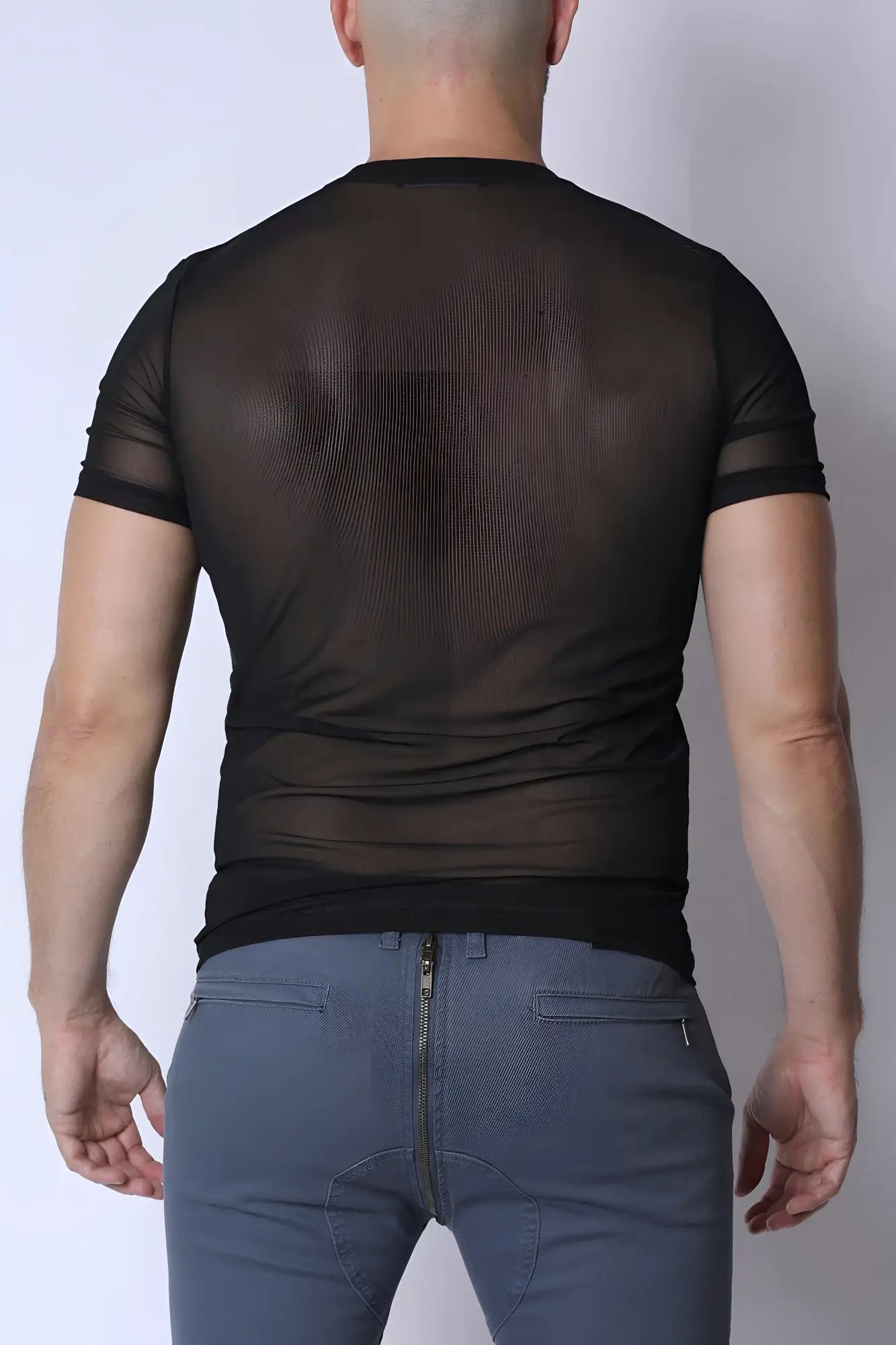 Black sheer mesh short-sleeved phantom mesh t-shirt with lightweight breathable fabric for a stylish look