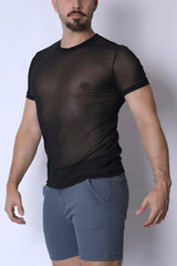 Black phantom mesh t-shirt with sheer short sleeves made of lightweight breathable mesh fabric