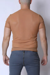 A fitted tan phantom mesh t-shirt with short sleeves and crew neck made from breathable material