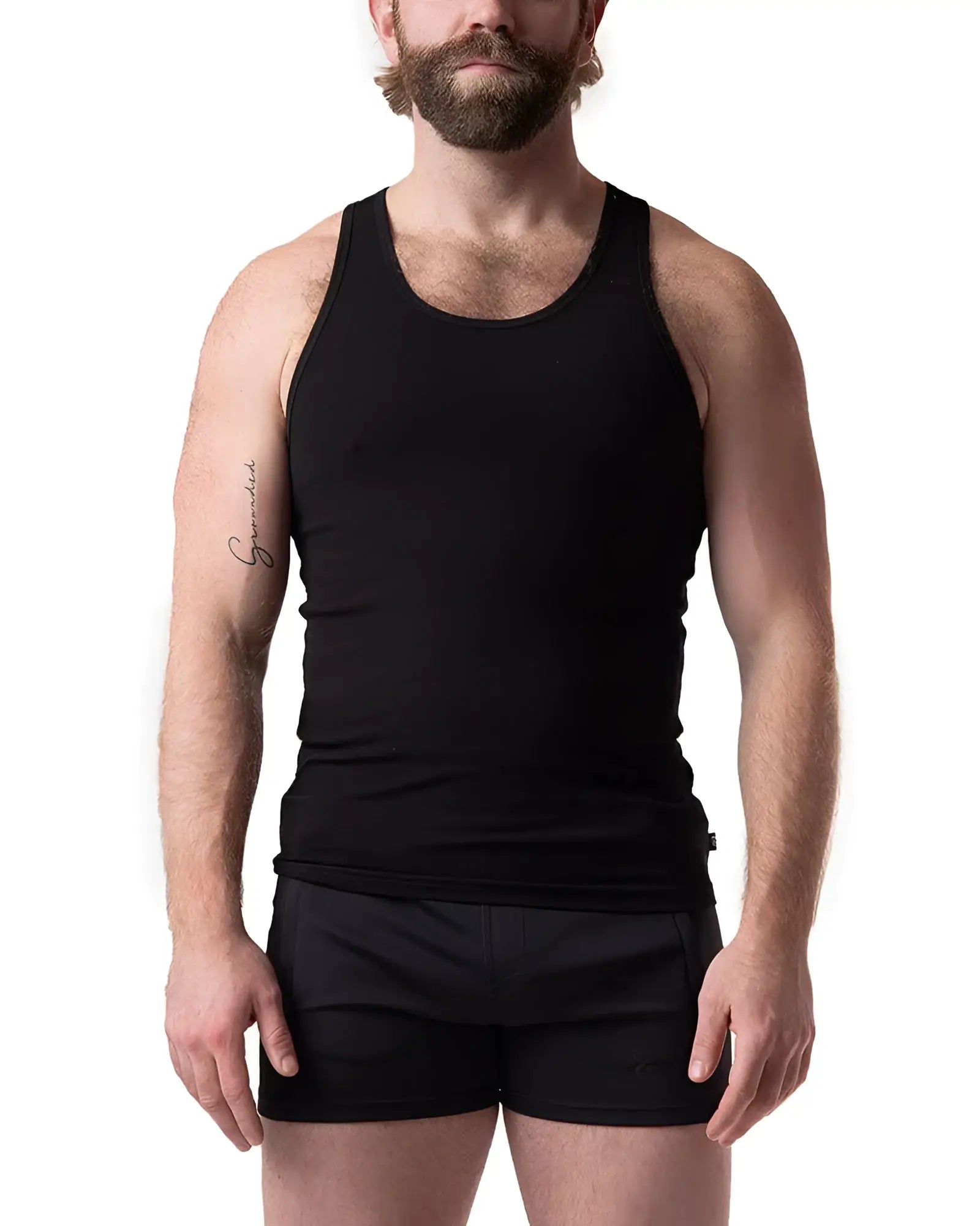 Black ribbed cotton tank top with simple round neckline from Pig Rib Tank Top collection