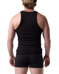 Black pig rib tank top with ribbed texture and fitted, form-fitting design perfect for casual wear
