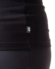 Black ribbed knit pig rib tank top with small rectangular brand tag on the seam showing front side details