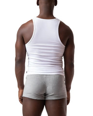 White ribbed cotton pig rib tank top with fitted athletic cut for casual and active wear