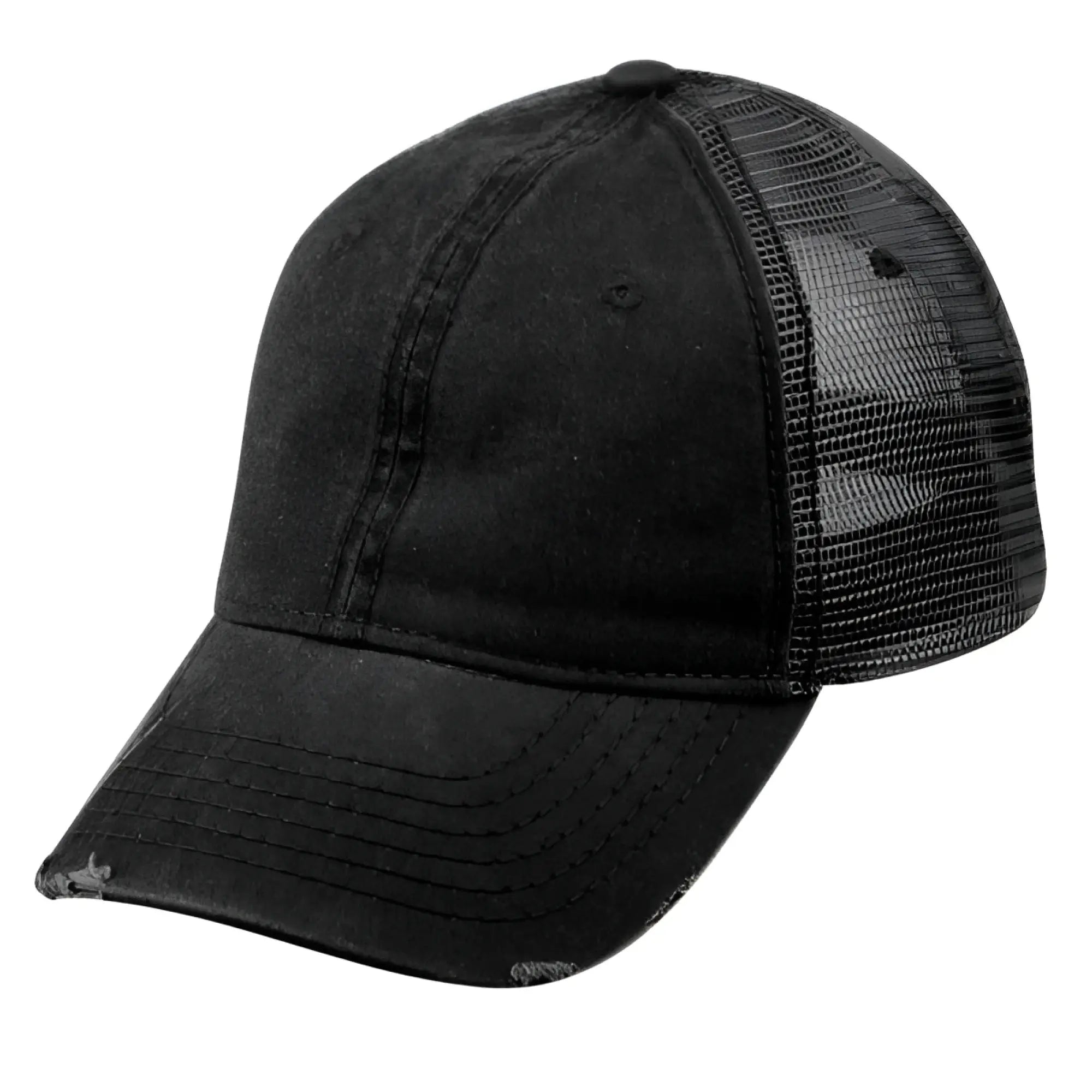 Black distressed denim pigment dyed washed cotton trucker cap with mesh back and frayed brim available in 3 colors