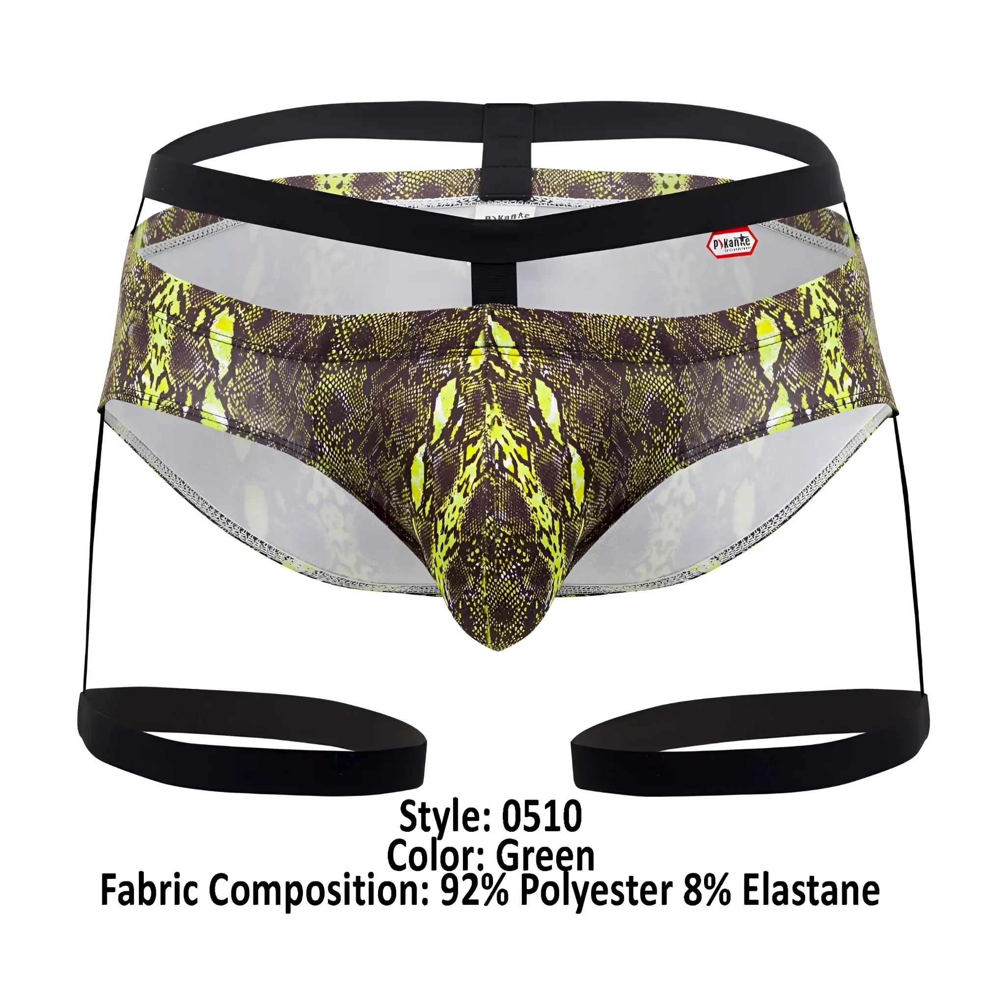 Green snake-print men’s briefs pikante PIK 0510 neon briefs with black elastic straps and mesh interior