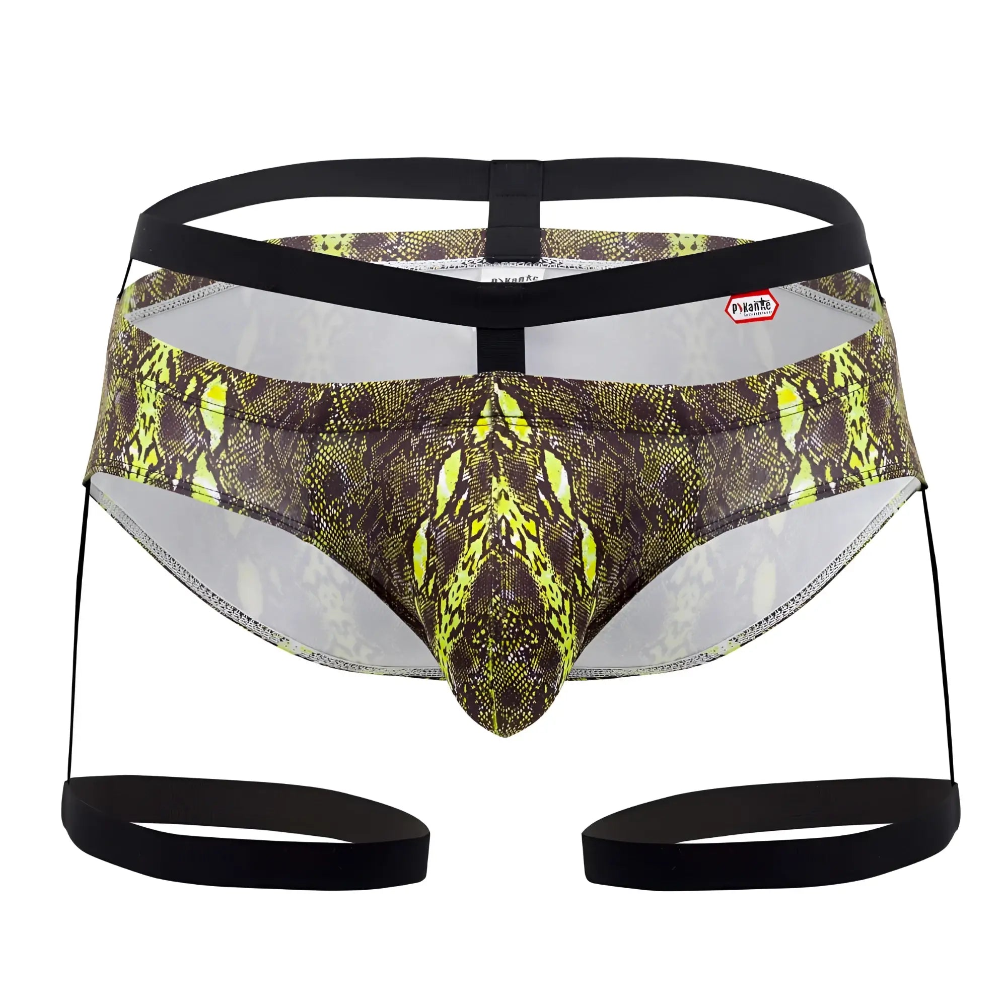 Men’s briefs Pikante PIK 0510 neon briefs green with snake print neon yellow dark brown scales black waistband and straps
