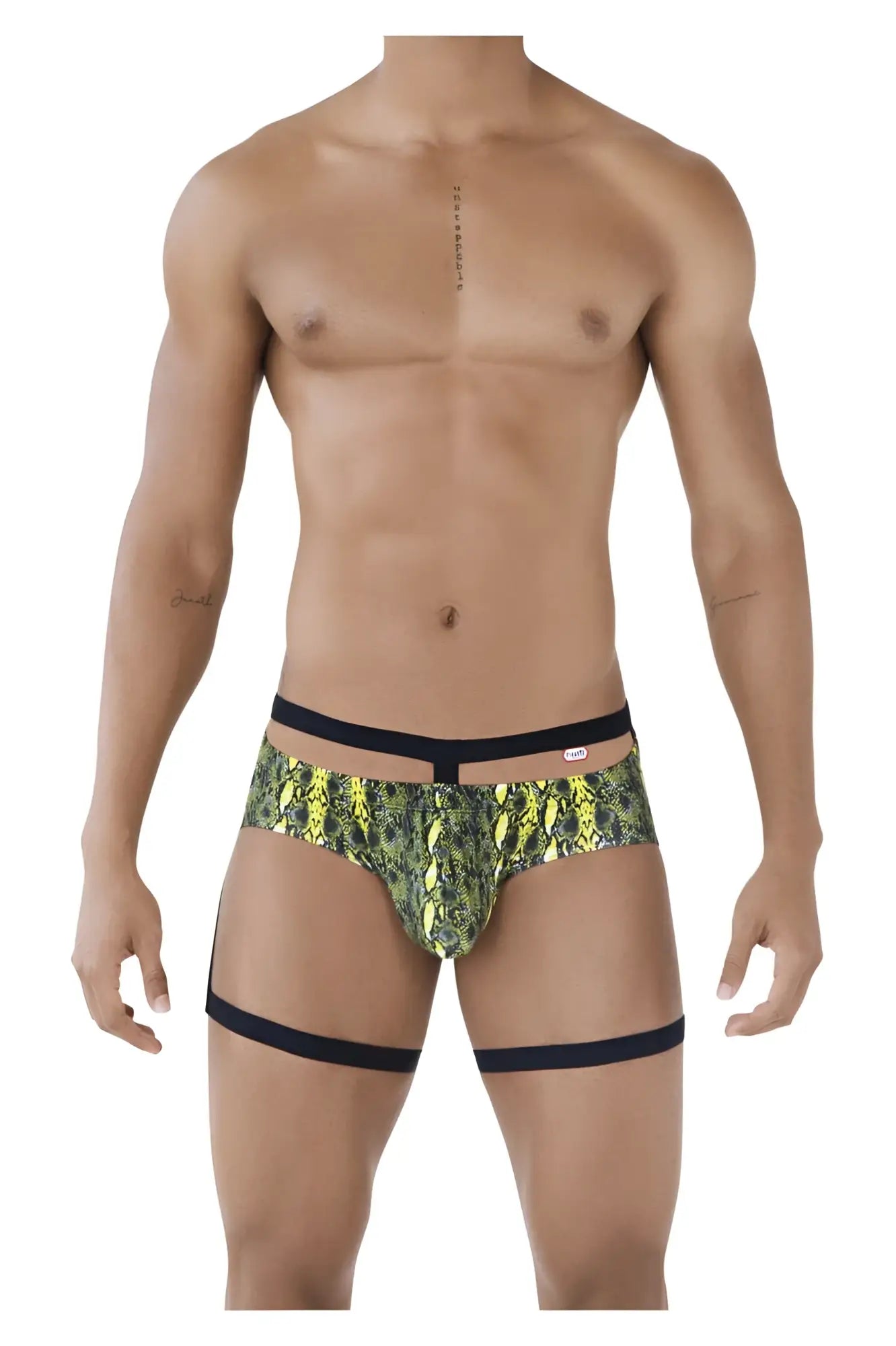 Neon green and black snake scale patterned men’s briefs pikante pik 0510 with solid black waistband and straps