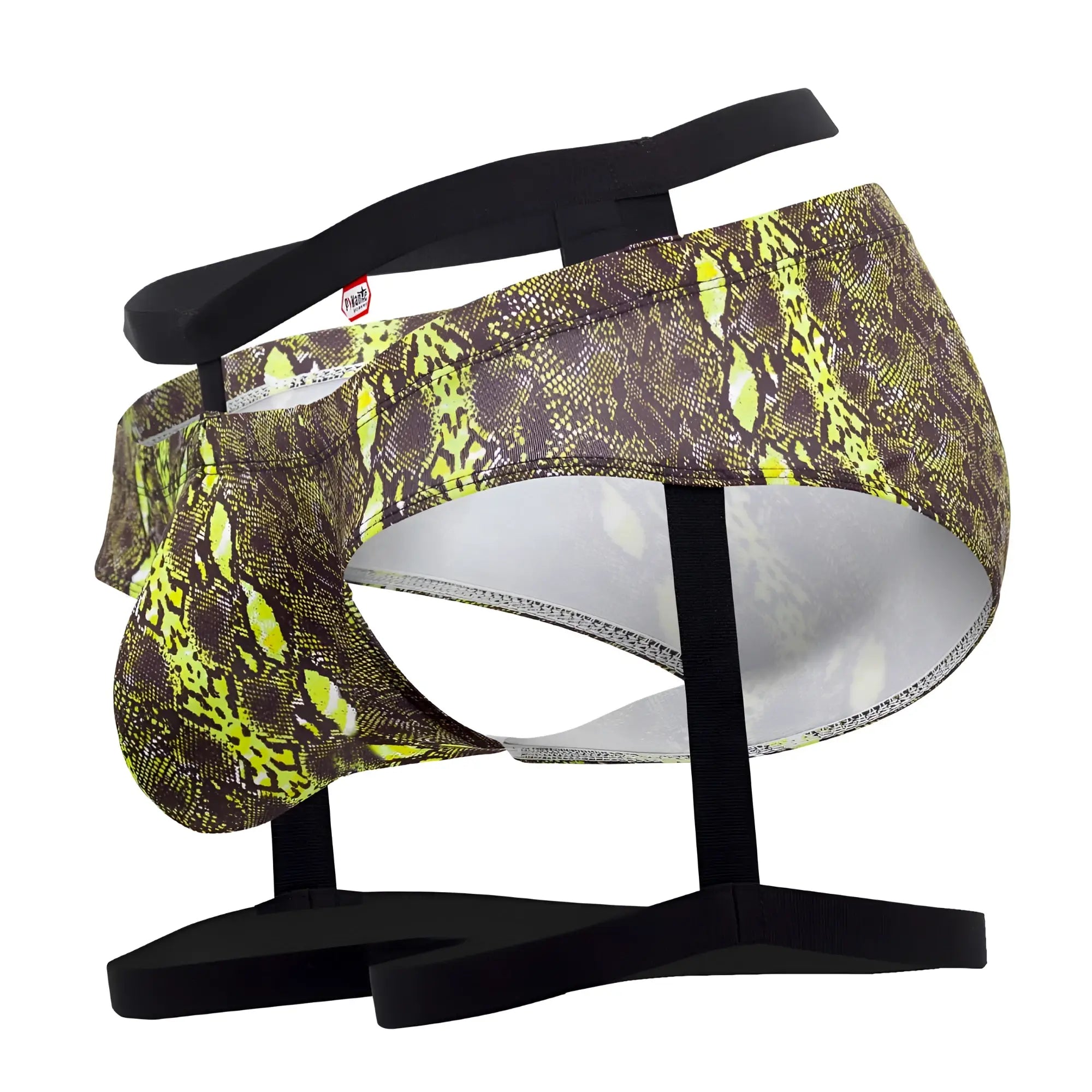 Pikante PIK 0510 neon briefs in vibrant neon green snake-scale pattern with dark brown and black elastic waistband