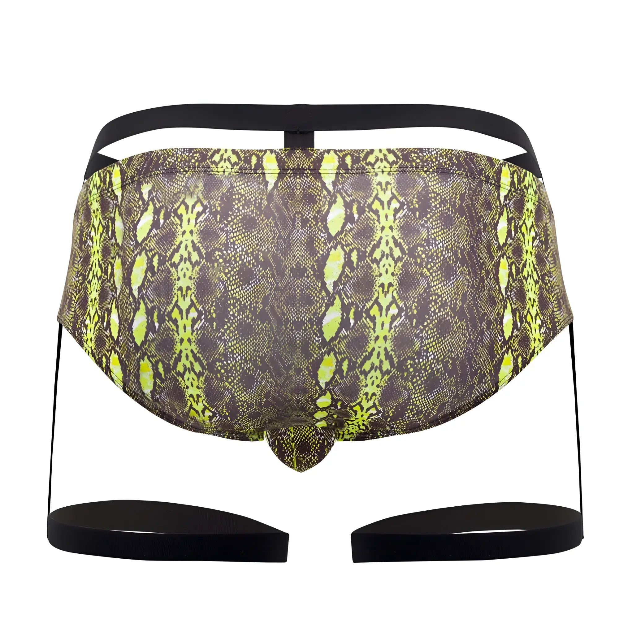 Men’s briefs pikante pIK 0510 neon briefs in vibrant neon green and dark brown snake-scale pattern with black elastic straps