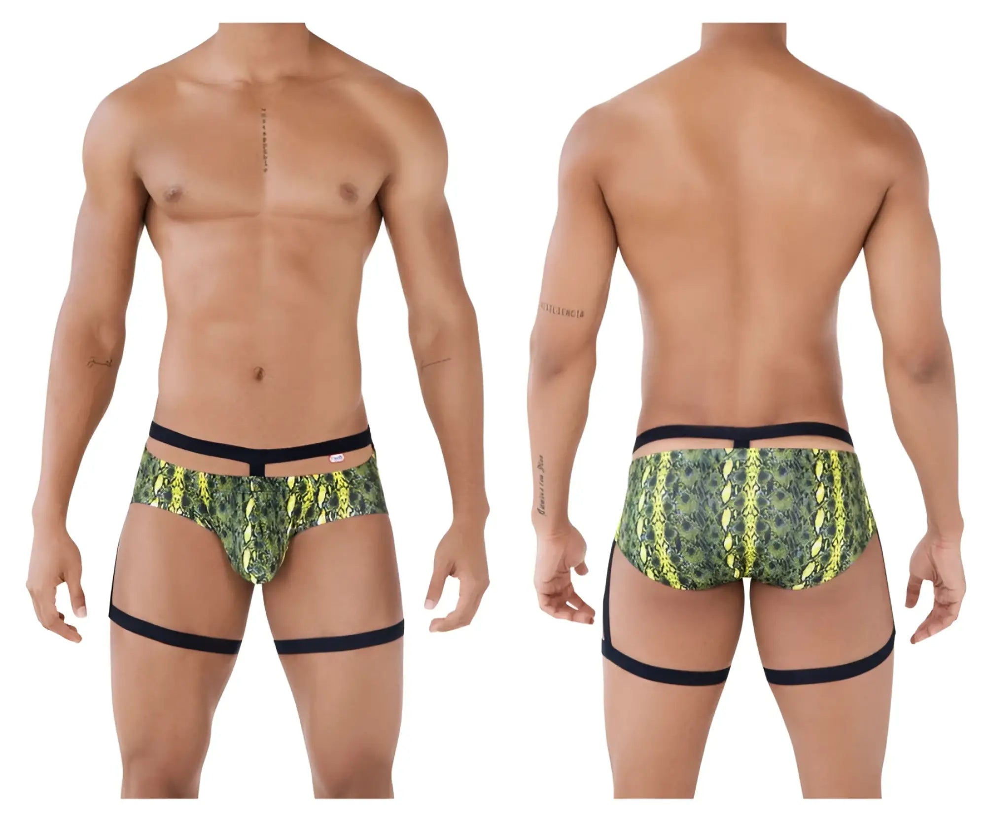 Pikante pik 0510 neon briefs featuring vibrant green and yellow snake-scale pattern with black elastic trim