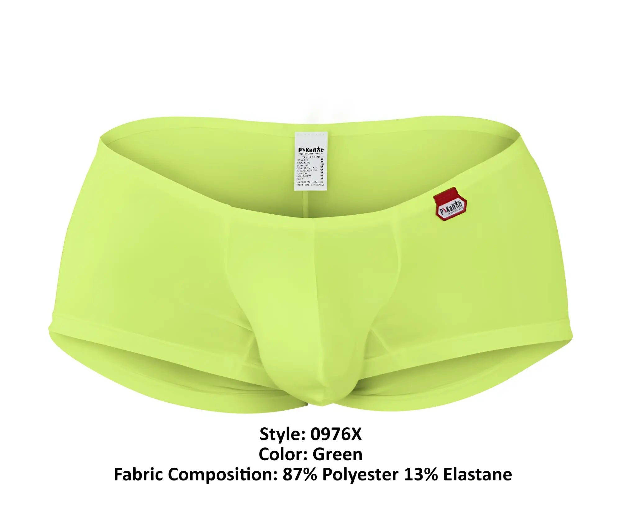 Bright green pikante pik 0976x angola trunks men’s briefs made of 87% polyester 13% elastane with red logo patch