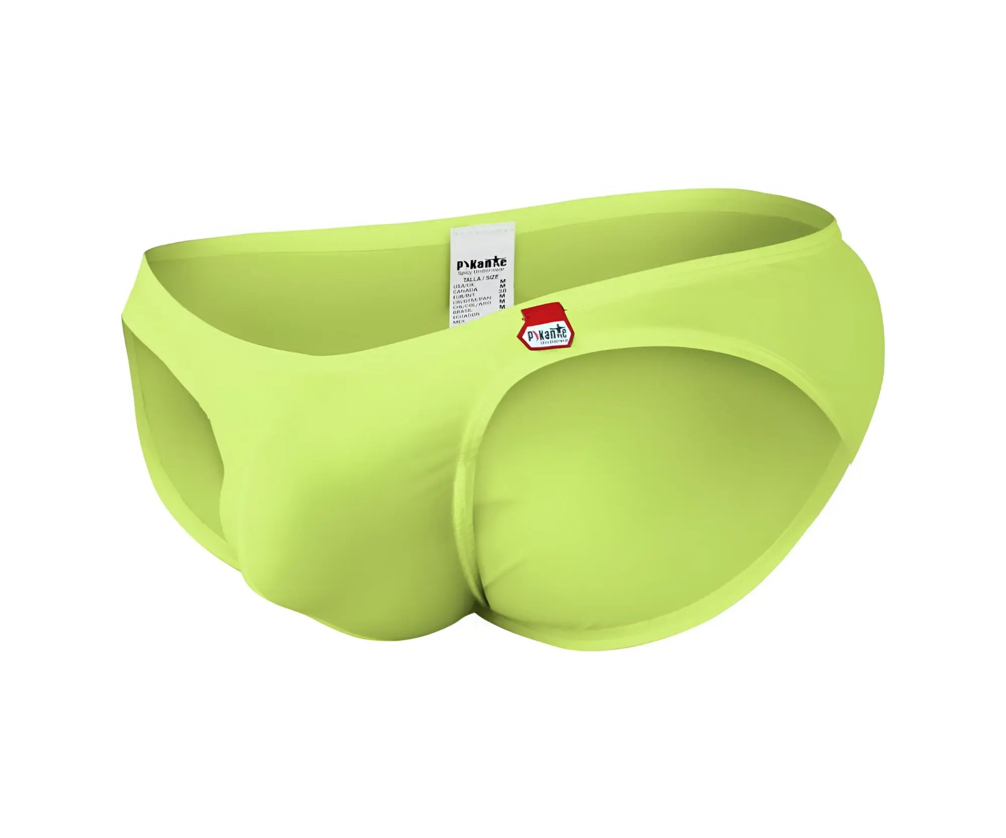 Bright lime green pikante angola bikini briefs with snug contoured fit and small red logo on waistband