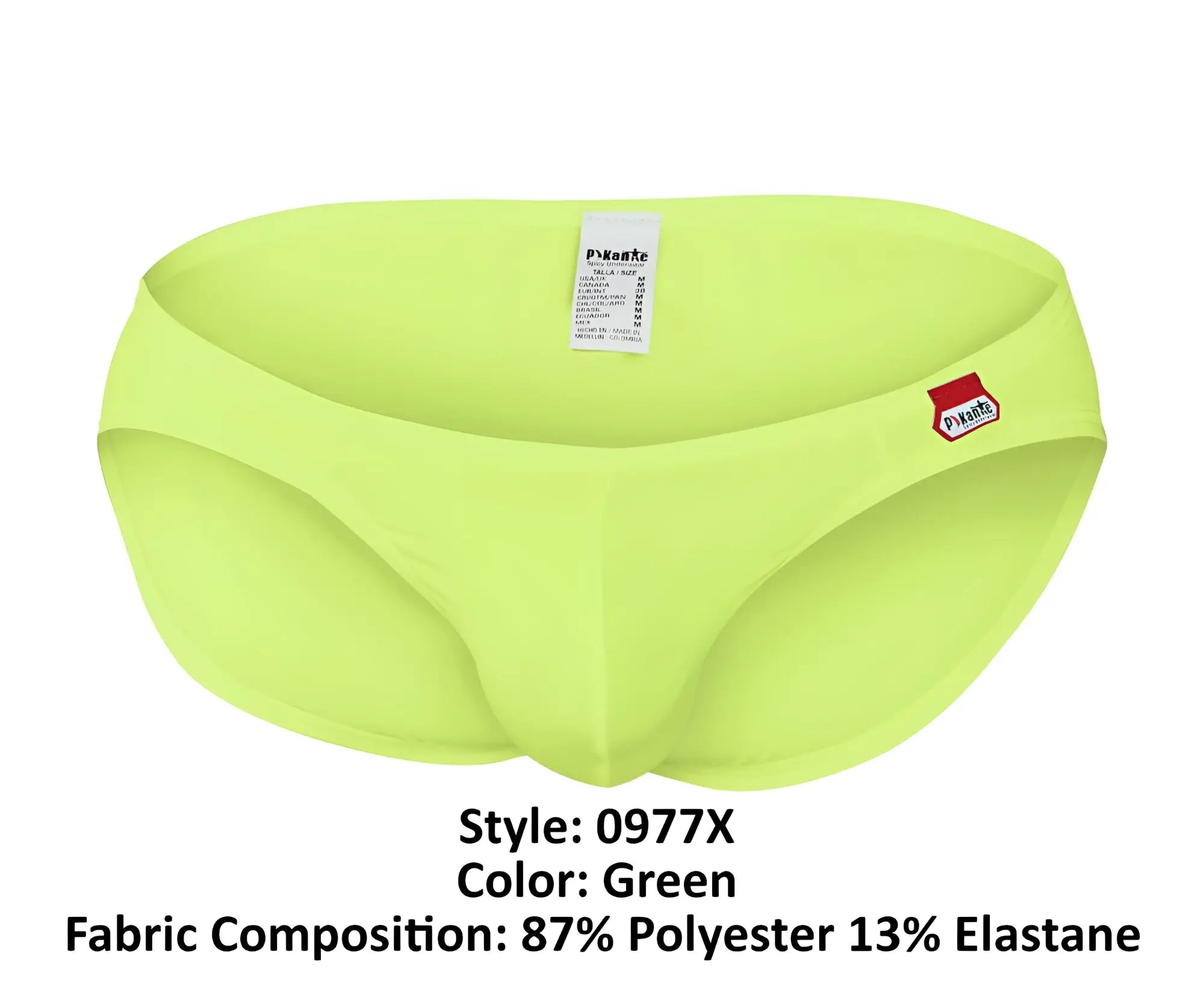 Bright lime green men’s Pikante PIK 0977X Angola bikini swim trunks with a small red and white logo on the side