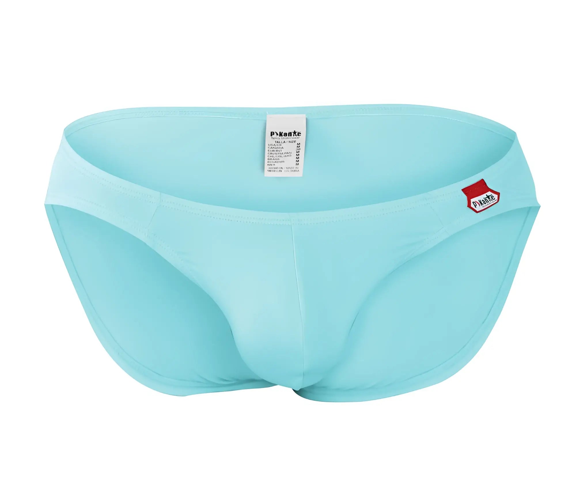 Light blue p’kante men’s swim trunks with smooth seamless design and red brand logo on the side