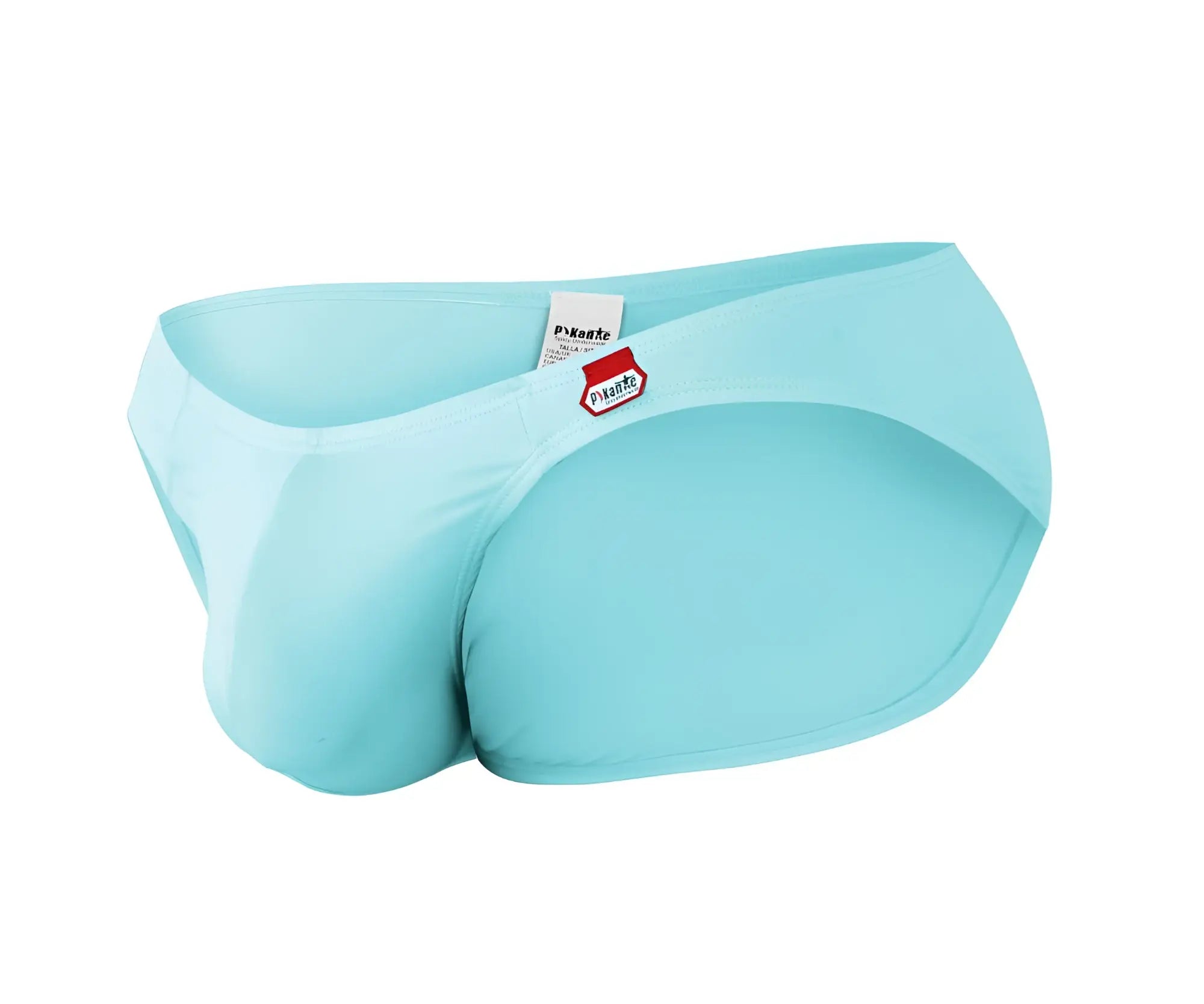 Light blue pikante pik 0977x angola bikini swim trunks with form-fitting design and red and white brand tag on waistband