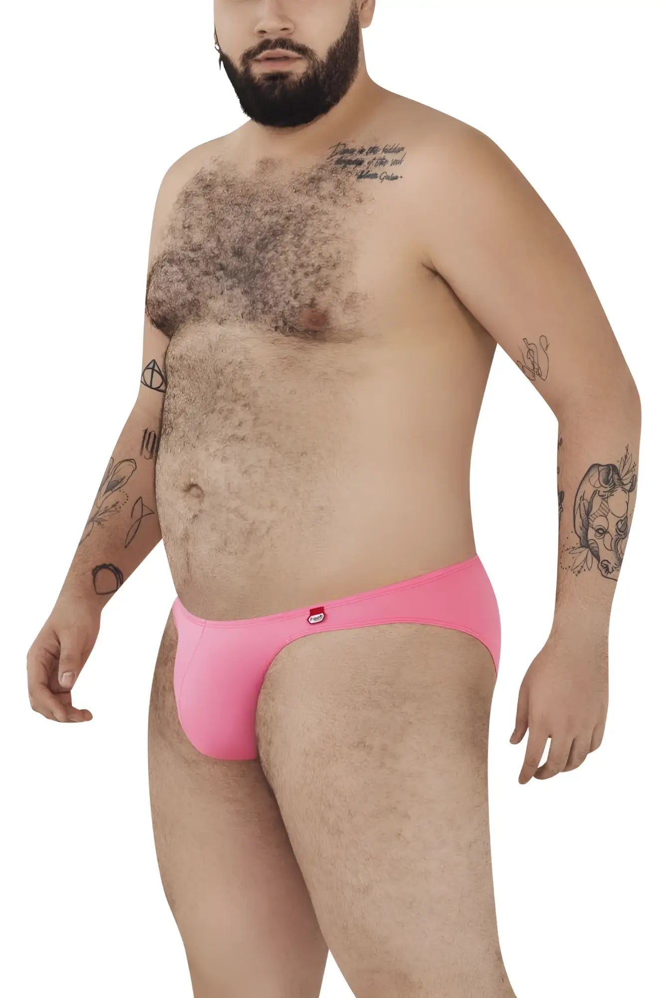Bright pink pikante pik 0977x angola bikini briefs with small red logo on waistband in front view