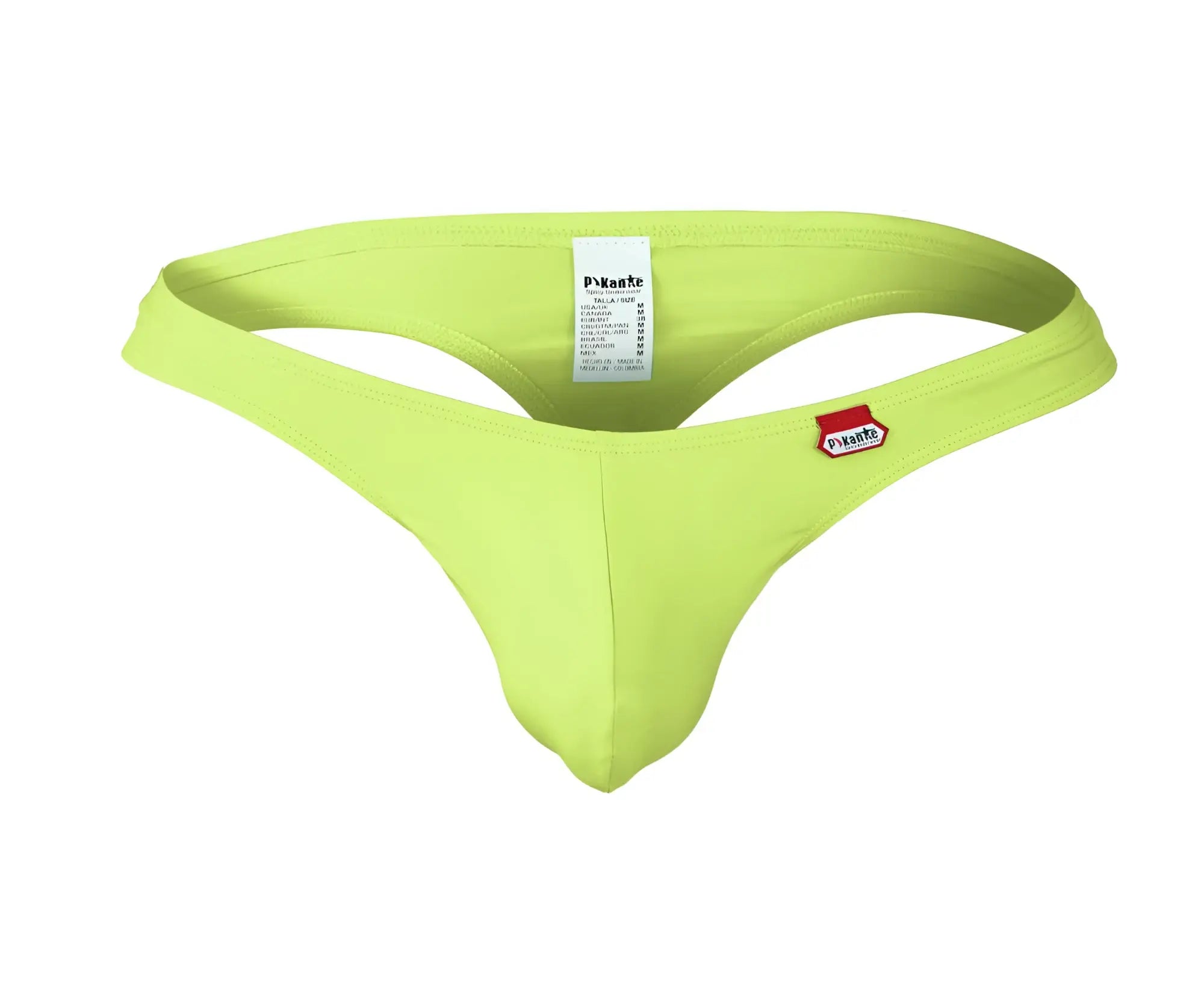 Bright lime green pikante pik 0978x angola thong made of smooth stretchy fabric with small red and white logo on side