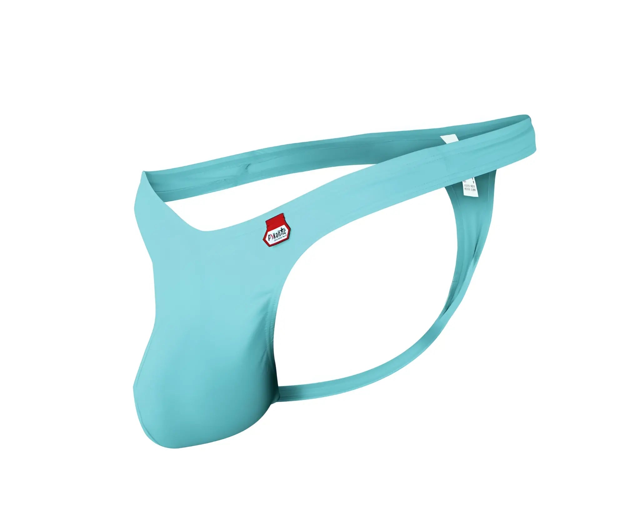 Light blue form-fitting men’s thong with red and white Pikante logo on the side for comfortable wear