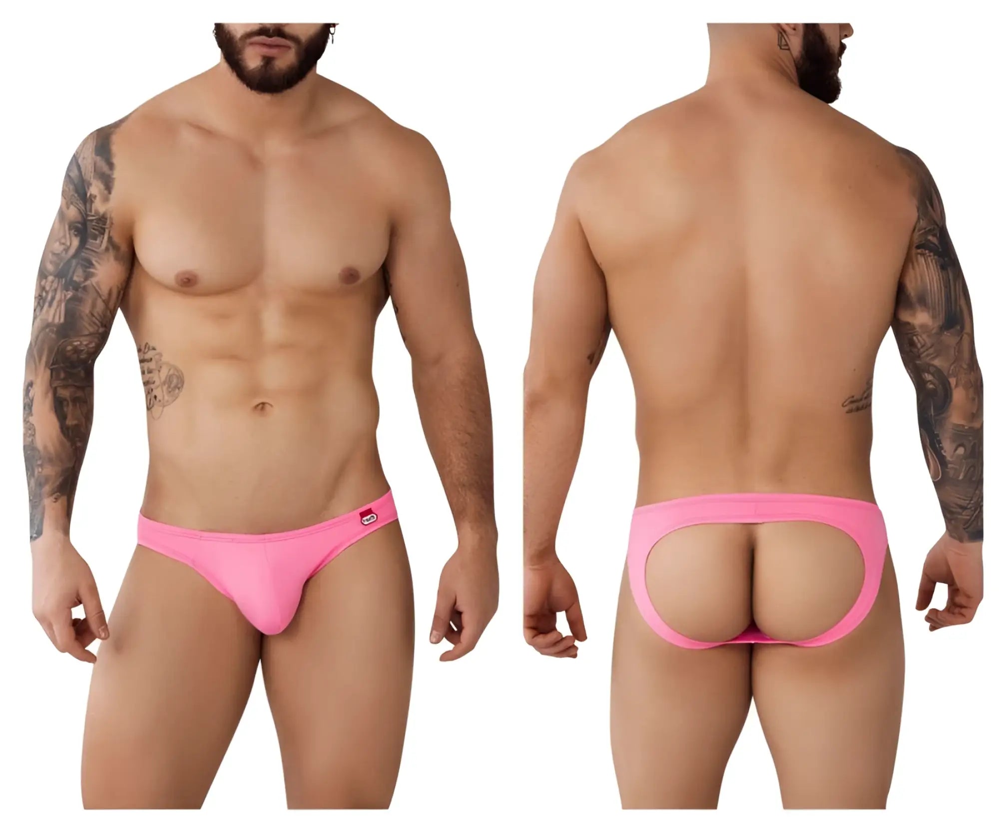 Bright pink pikante PIK 0979 Angola jockstrap men’s briefs with a distinctive back cutout shown from the back side