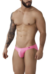 Bright pink form-fitting pikante pik 0979 angola jockstrap briefs with red and white waistband logo front view