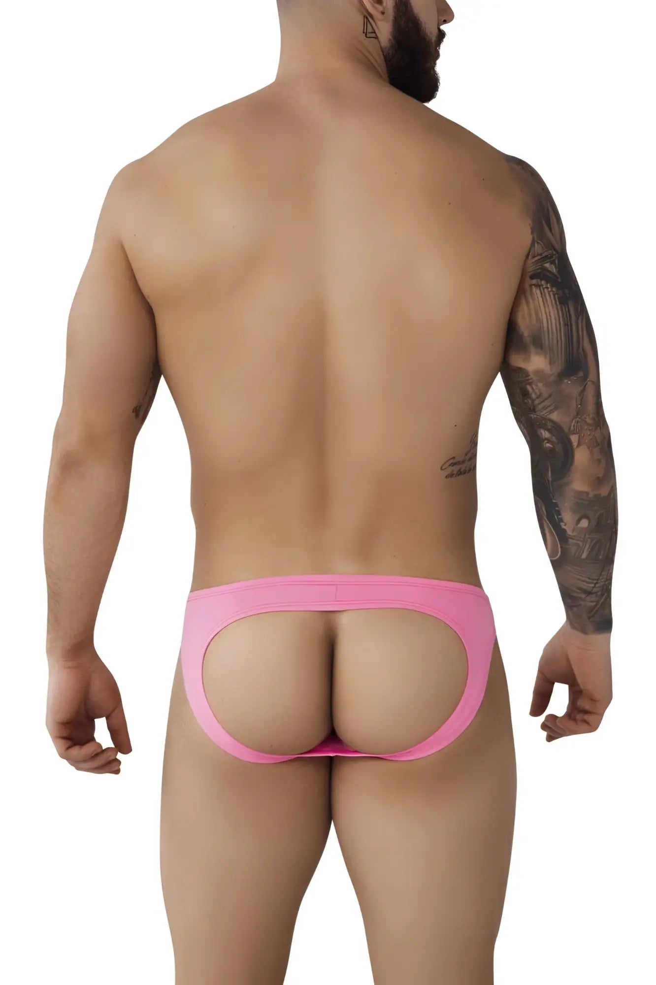 Pink form-fitting cut-out back briefs from pikante pik 0979 angola jockstrap collection shown from the back side